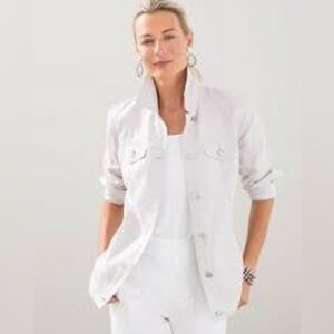 Chico’s Linen Foil Jacket Women’s Size 3 (16/18) Metallic Silver Lightweight
